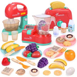 CUTE STONE Toy Appliances Playset, Kids Mixer and Blender with Sound & Lights, Toaster, Cutting Play Food, Toddler Kitchen Accessories Set for Boys & Girls