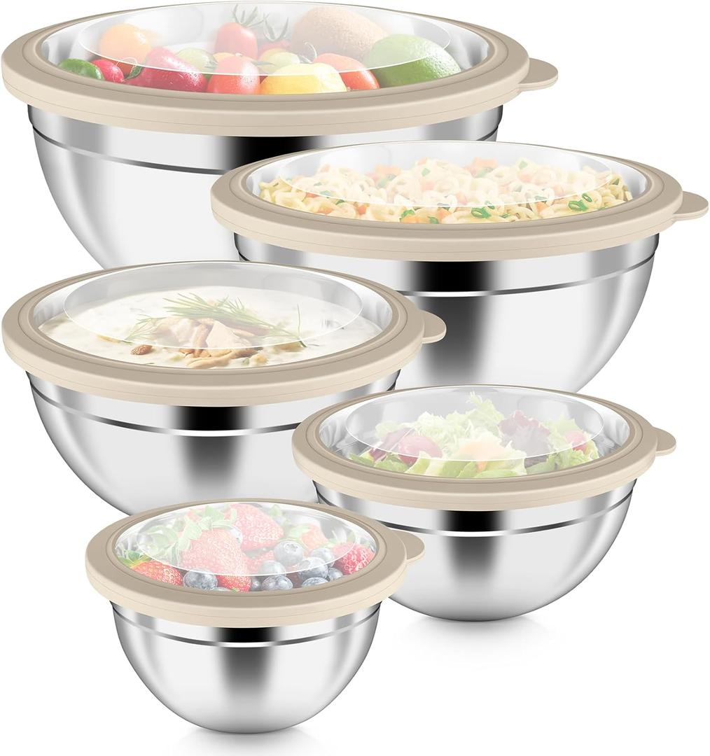 P&P CHEF Mixing Bowls with Visible Airtight Lids Set of 5, 10-Piece Stainless Steel Mixing Nesting Bowl, Metal Bowl with Lid for Kitchen Prepping & Storing, Size 4.6, 3, 1.5, 1, 0.7 QT, Khaki