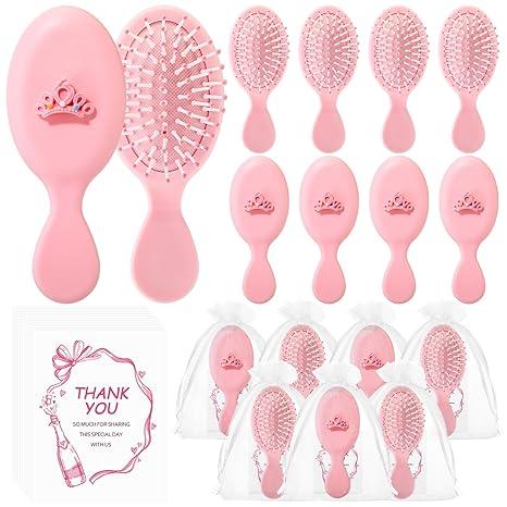 Meanplan 12 Sets Princess Party Favors Small Crown Pink Hair Brush Mini Compact Travel Hairbrush Thank You Cards for Girls Princess Birthday Party Decoration Gifts