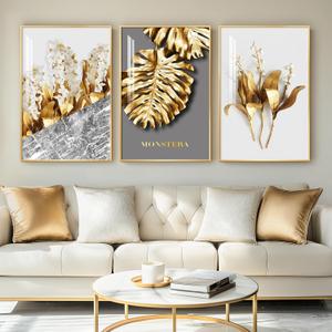 Framed Modern Luxury Large Gold Wall Art for Living Room, Set of 3 Piece Contemporary Paintings Artwork for Walls, Golden Leaf Prints with Gold Frame, Pictures for Office Wall Decor - Total 30" x 60"