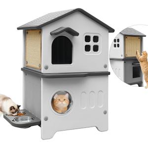 Cat House Outdoor Weatherpoof Plastic Cats Houses with Elevated Cat Bowls, Cat Scratch Pads and Escape Door, 2-Story Indoor Waterproof Feral/Pet Cat Shelter Outside for Multiple Cats, Grey