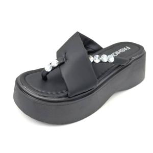 FIFILAPIN Women'S Rhinestone Chunky Platform Clip-Toe Beach Slippers Fashionable Round Toe Soft Bottom Non-Slip One-Step Outdoor Party Dating Sandals (black,6) (Black)