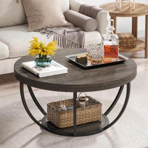 Tribesigns Round Coffee Table, 31.7" Wooden 2-Tier Circle Coffee Table with Storage Shelves, Modern Accent Cocktail Table Center Table for Living Room, Grey, 31.7"D x 31.7"W x 17.3"H