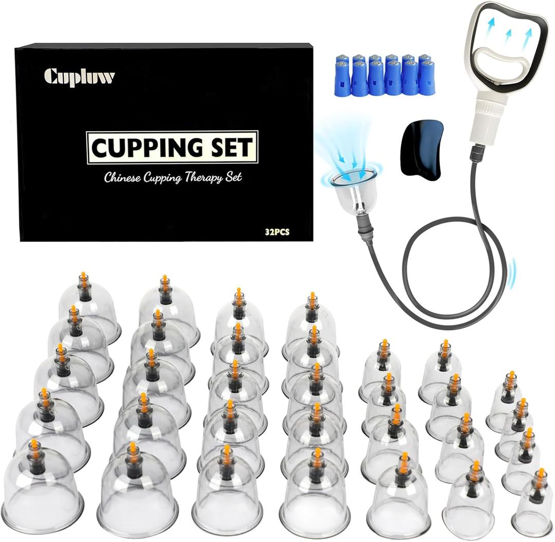 Cupluw Cupping Kit for Massage Therapy - 32 Cups Professional Chinese Cupping Set with Magnetics, Vacuum Cupping Therapy Set for Cellulite Reduction Muscle Pain Relief with Manual Pump