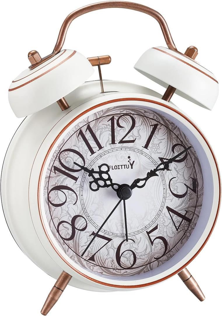 Loud Alarm for Deep Sleepers 4'' Retro Twin Bell Alarm Clock with Backlight for Bedroom and Home Decoration(Retro White)
