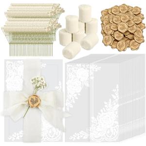 Dadoudou 50 Set Wedding Invitation Kit, Pre-Folded Vellum Jackets for 5x7 Invitations, Complete DIY Set with Chiffon Ribbons, Dried Flowers & Gold Wax Seal Stickers Corner Floral