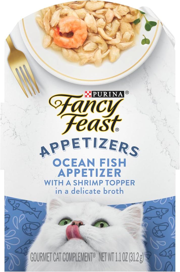 Purina Fancy Feast Lickable Appetizers Grain Free Wet Cat Food Topper Ocean Fish Appetizer with a Shrimp Cat Food Topper - (Pack of 10) 1.1 oz. Trays, BB Date: 03/2027