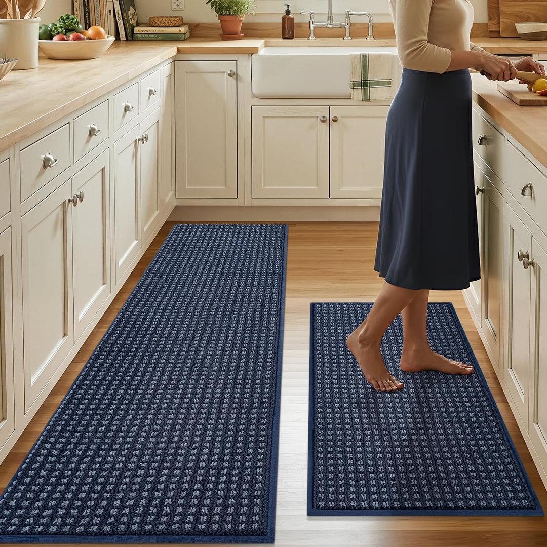 hicorfe Kitchen Runner Rugs Set of 2,Non Slip Absorbent Kitchen Mats for Floor,Stain Resistant Washable Kitchen Rugs Carpet for Hallways,Entryway,Laundry Room,Sink(17"x29"+17"x59",Blue,Roll Package)