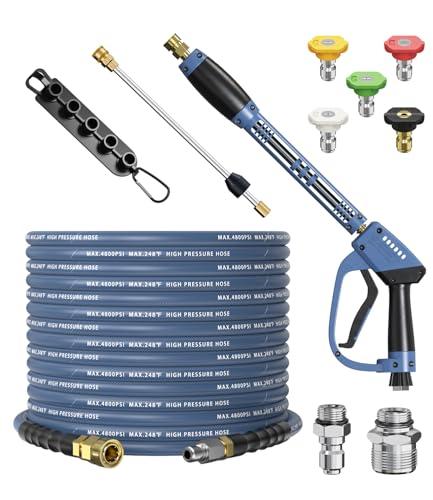 HiPrewaPro Pressure Washer Gun and Hose Kit, 4800PSI Steel-Braided & Durable - Flexible & Kink-Resistant Power Washer Hose 50 FT with 3/8" Swivel Quick Connector and M22 14mm Adapters Replacement
