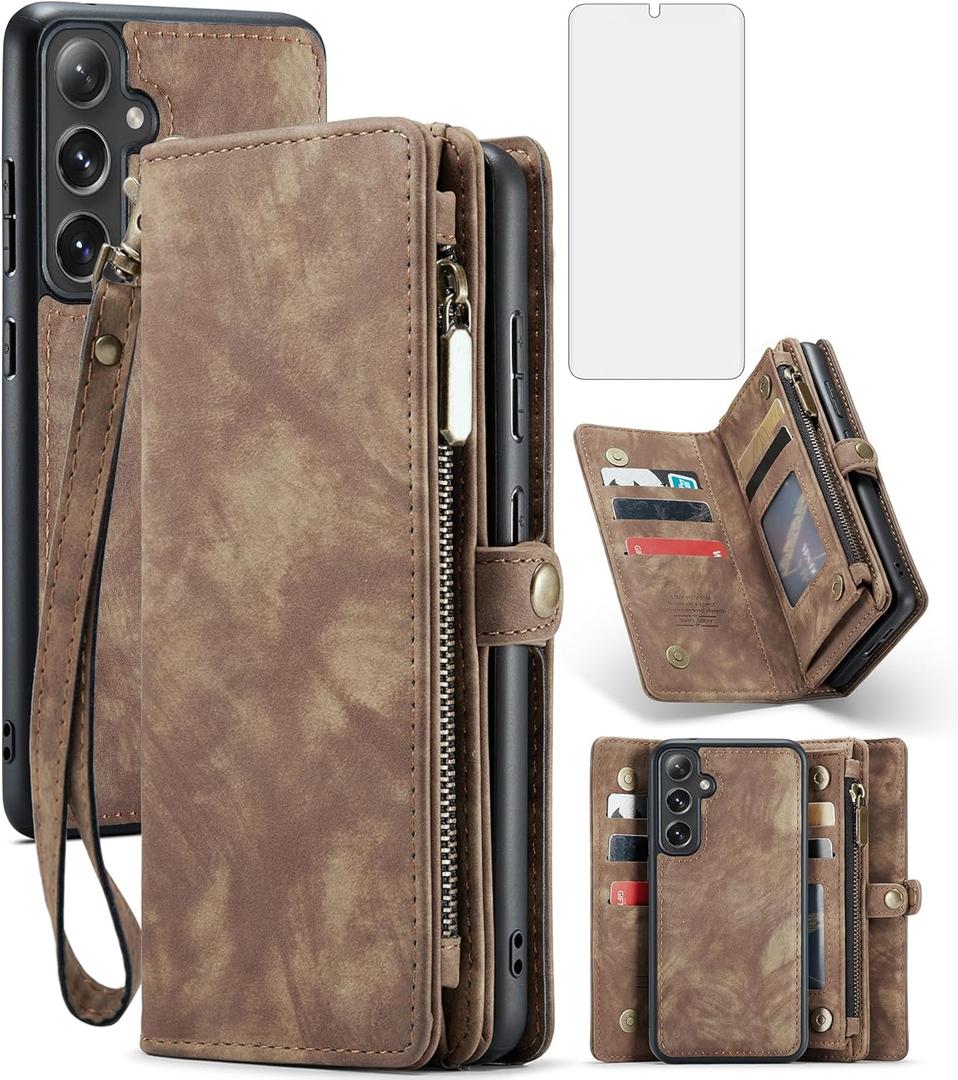 Asuwish Phone Case for Samsung Galaxy S24 5G Zipper Wallet Magnetic Detachable Cover with Tempered Glass Screen Protector and PU Leather Flip Card Holder Cell Accessories S 24 24S G5 Women Men Brown
