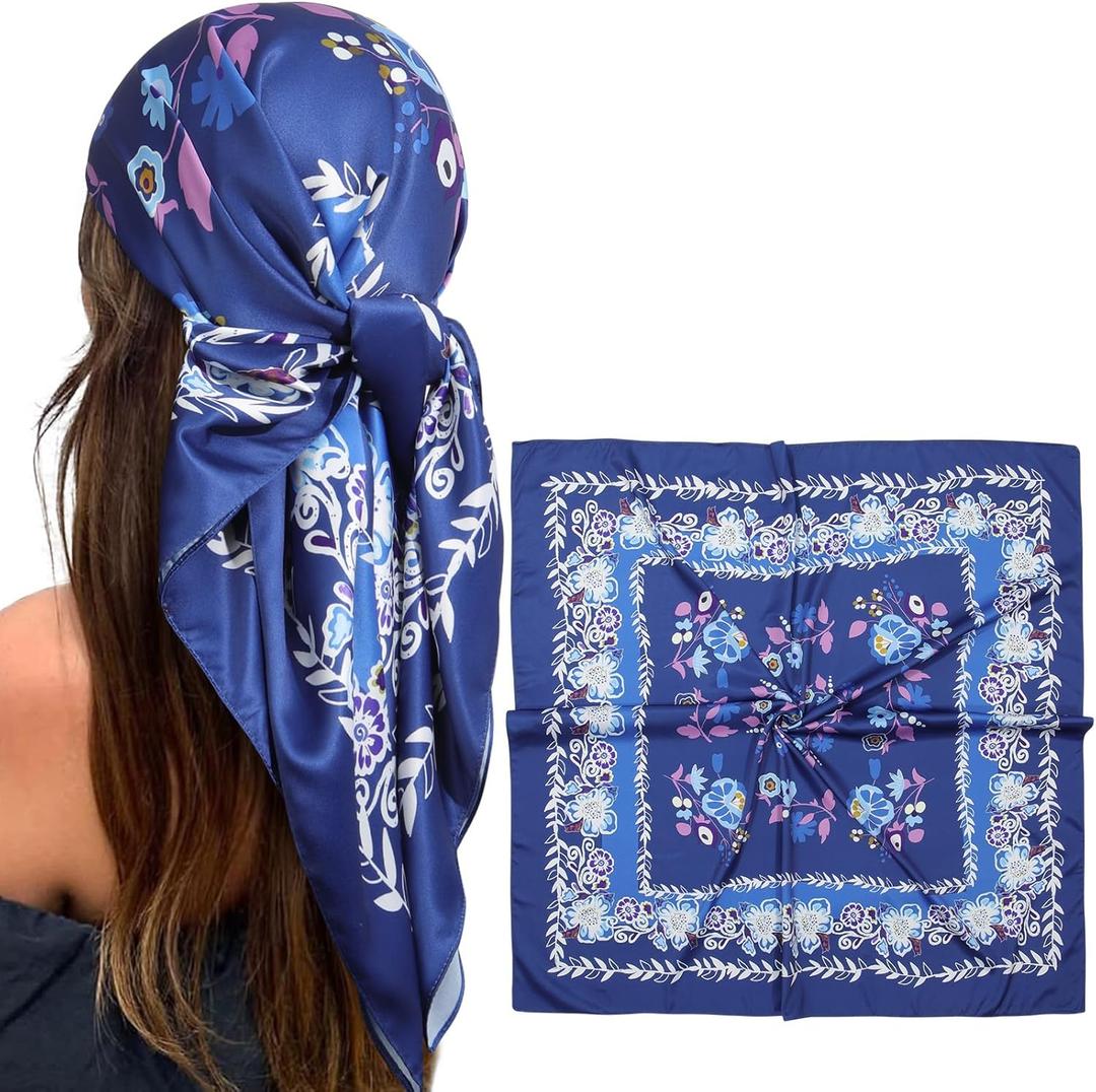 2 x CHLINS 35 Square Silk Scarf for Women Satin Head Scarf Hair Bandanas Neck Scarf Hair Wrap for Handbags Accessories (Blue)