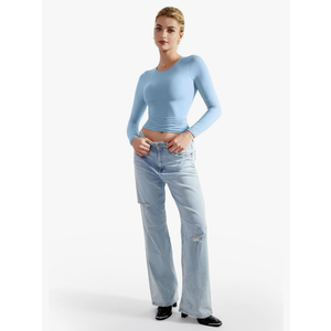 SUUKSESS Women Double Lined Fitted Basic T Shirts Crew Neck Long Sleeve Crop Top Size S