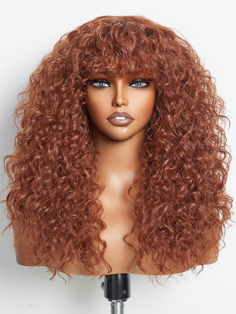 GORGIUS Shaggy Haircuts Curly Wig with Bangs Ginger Brown Wigs Crafted with Style-Archive Technology: Premium Fiber & Remy Human Hair Blended, Realistic Look with True Scalp (Trending Ginger Brown | with True Scalp)