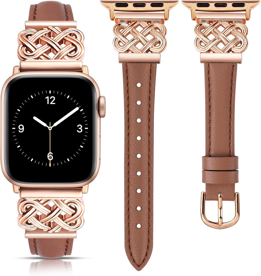 TOYOUTHS Compatible with Apple Watch Bands Women 38/40/41/42mm Dressy Slim Thin Leather Strap with Celtic Knot Interlock Buckle Bracelet for iWatch Series 11 10 9 8 7 6 5 4 SE 3 2 1, Brown/Rose Gold