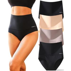 FINETOO Tummy Control Underwear for Women High Waisted Nylon Brief No Show Womens Bikini Seamless Panties 4pack S-XXXL (Large, Black+Black+Nude+Khaki)