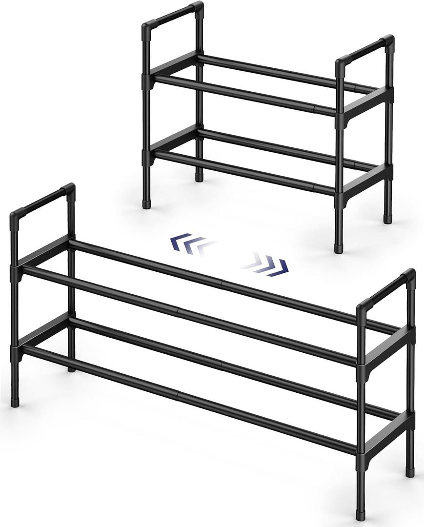 Kitsure Shoe Rack for Closet - Expandable Shoe Rack for Front Door Entrance, Rustproof Shoe Organizer for Entryway with Portable Handles, Black, 17.3~30.2 x 16.3