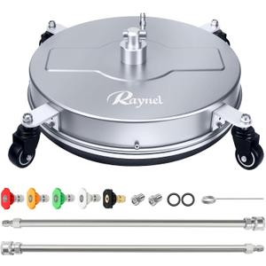 RAYNEL 18'' Pressure Washer Surface Cleaner with 4 Wheels, Stainless Steel Housing, 1/4" Quick Plug, 2 Extended Wands, 2 Replacement Nozzles and 5 Spray Nozzles