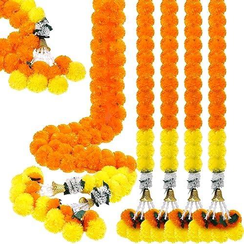 Yilloog 5 Pcs Diwali Marigold Garland for Decoration 5 Feet Long Artificial Indian Marigold Flowers Decor Long Strands Faux Garlands for Diwali, Pooja, Wedding, Events, Halloween Decor(Light Orange)