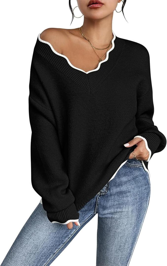 Pink Queen Women's Oversized V Neck Fuzzy Sweaters 2024 Casual Loose Long Sleeve Chunky Knit Pullover Jumper Tops (Large, Black)