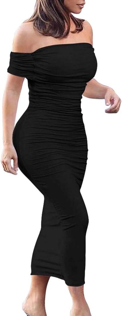 GOBLES Women's Elegant Strapless Off Shoulder Bodycon Midi Cocktail Party Dress (Beige, S)