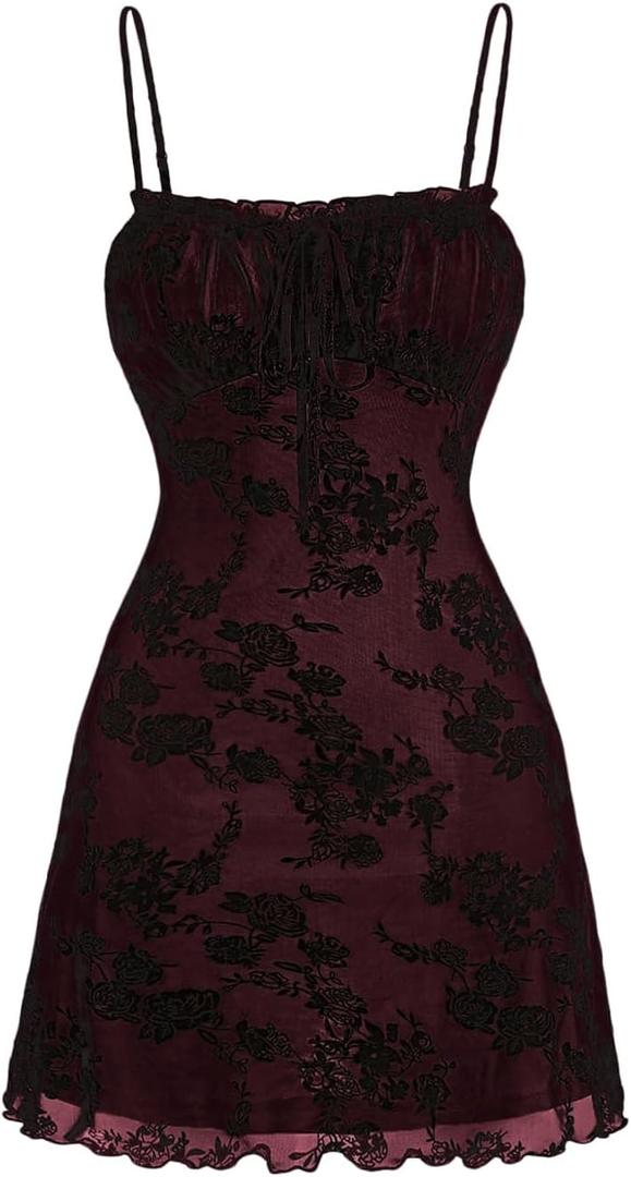 WDIRARA Women's Floral Print Mini Dress Y2K Vintage 90s Goth Mesh Short Cami Dresses (Burgundy)
