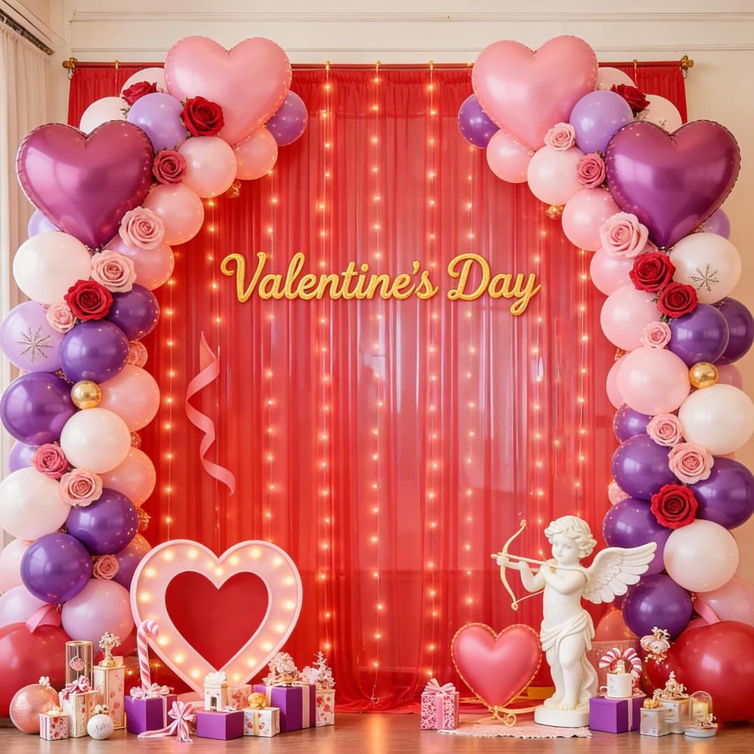 10x10ft Red Tulle Backdrop Curtain with Lights String for Parties, Sheer Photo Backdrop Curtains for Valentines Wedding Baby Shower Birthday Party Photo Shoot Decorations (10ft x 10ft (2 Panels 5*10ft))