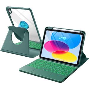 Harvopu for iPad 10th/11th Generation A16 Case with Keyboard, 360 Rotation Detachable Cover with Pencil Holder, Multi-Touch Trackpad, 7 Colors Backlit Keyboard for iPad (A16)/10th Gen (Pine Green)