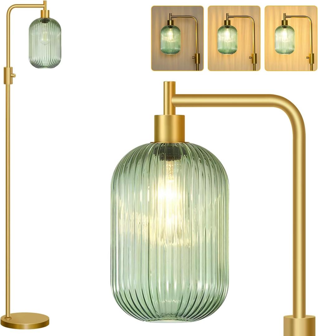 Upgraded Dimmable Glass Floor Lamp for Living Room, Modern Gold Standing Lamp with Green Ribbed Glass Lampshade & Knob Dimmer, Arc Tall Lamp for Bedroom Office Reading Room, 2700K Led Bulb Included