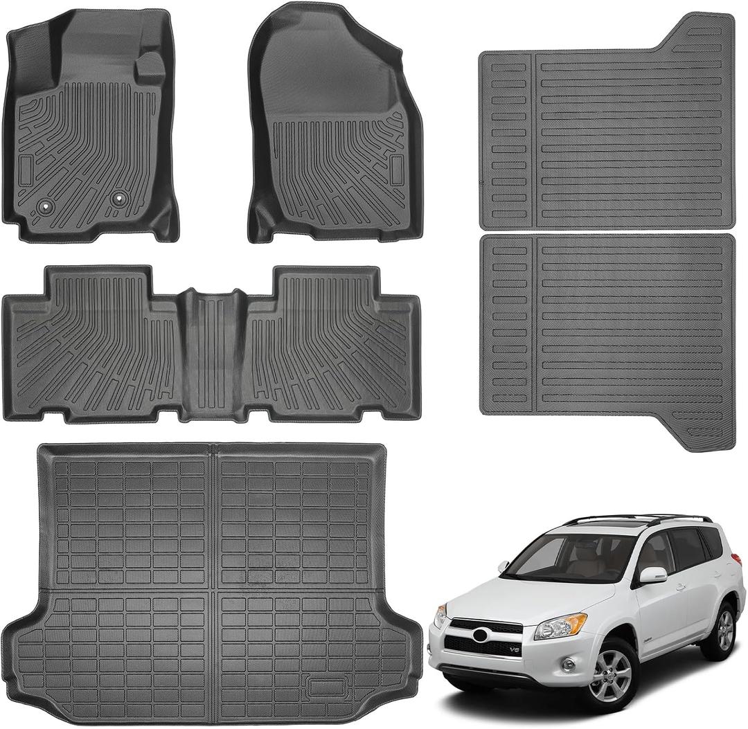 TPE All-Weather Floor Mats Set Compatible with Toyota RAV4 2006-2012 5 Seats - 1st & 2nd Row Floor Liners + Cargo Liner Trunk Mat + Backrest Protector, Waterproof, Anti-Slip Interior Accessories