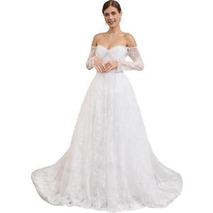 Women's Elegant Off-Shoulder Wedding Dress with French Lace Long Sleeves Floor-Length A-Line Bridal Gown for Engagement (White)