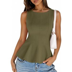 MEROKEETY Women's Summer Sleeveless Tank Tops Crewneck Ruffle Flowy Peplum Babydoll Blouses Trendy Clothes (Large, Army)