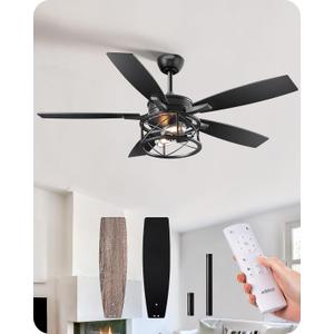 EDISHINE 52" Black Farmhouse Ceiling Fans With Lights, Remote Control, Dimmable, Reversible DC Motor, 5 Wooden Blades Rustic Indoor/Outdoor Ceiling Fan for Living Room Bedroom Porch (Black & Grey Oka)