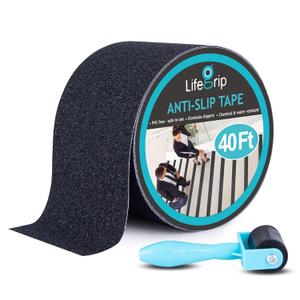 Anti Slip Traction Tape, 4 Inch x 40 Foot with Application Roller- Best Grip, Friction, Abrasive Adhesive for Stairs, Tread Step, Indoor, Outdoor (4" X 40' Tape + Roller) (Black)