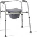 Medline 3-in-1 Steel Adjustable Bedside Commode w/ Microban Protection, Portable Bedside Toilet, 350 lb. Weight Capacity, Removable 7.5 QT. Bucket, Toilet Chair For Elderly, Tool-Free Assembly, Gray (Regular Seat)
