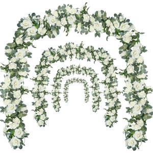 Flower Garland Rose Vine 4Pcs 28FT Artificial Floral Garland with Green Leaves Hanging Rose Vine for Wedding Party Garden Home Wall Decor (White)