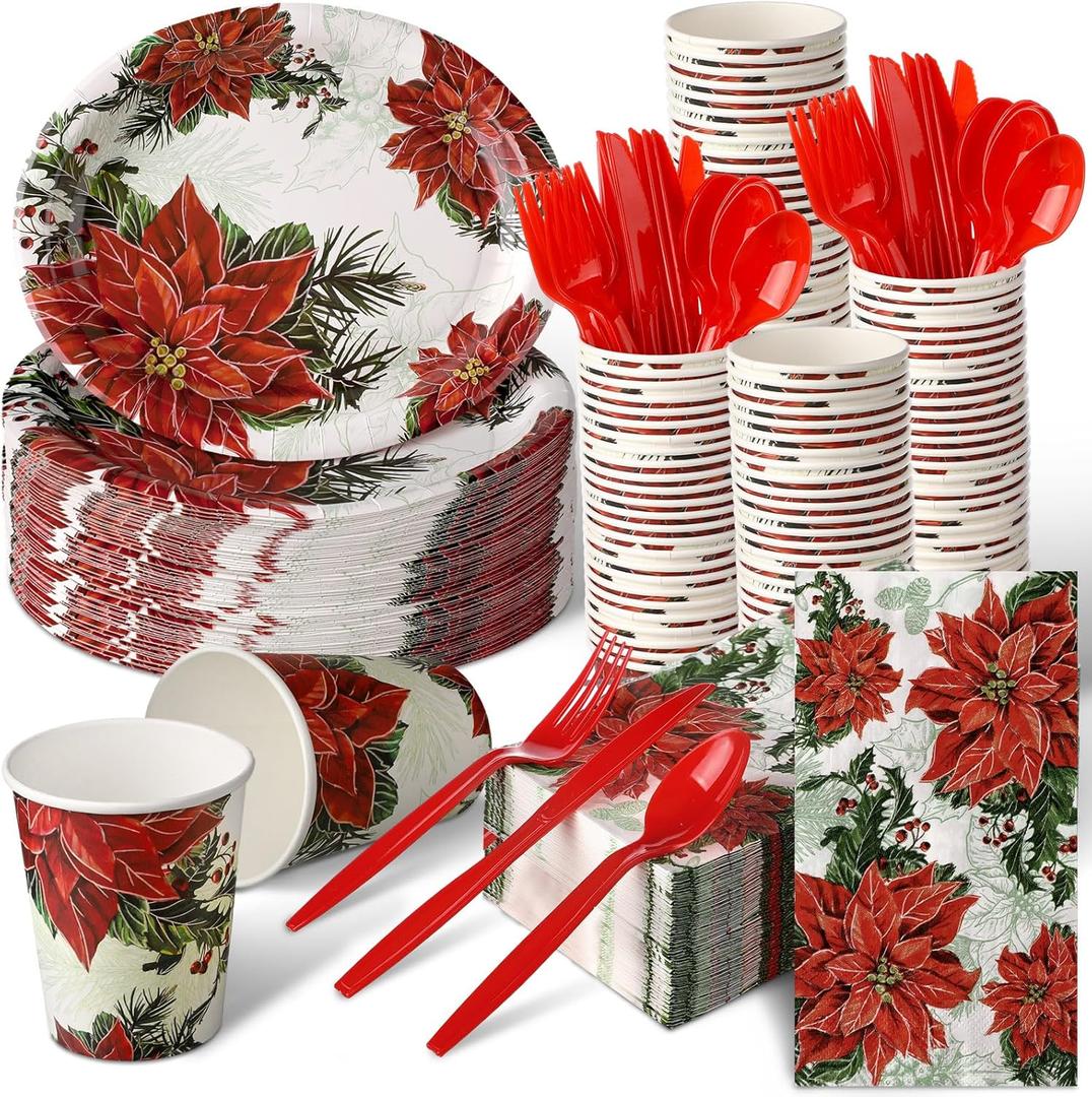 Umigy 350 Pcs Christmas Oval Paper Plate and Napkin Christmas Paper Dinnerware Set for 50 Guests Vintage Tableware Disposable Cup Knife Fork Spoon for Xmas Holiday Party Supplies(Red,Poinsettia)