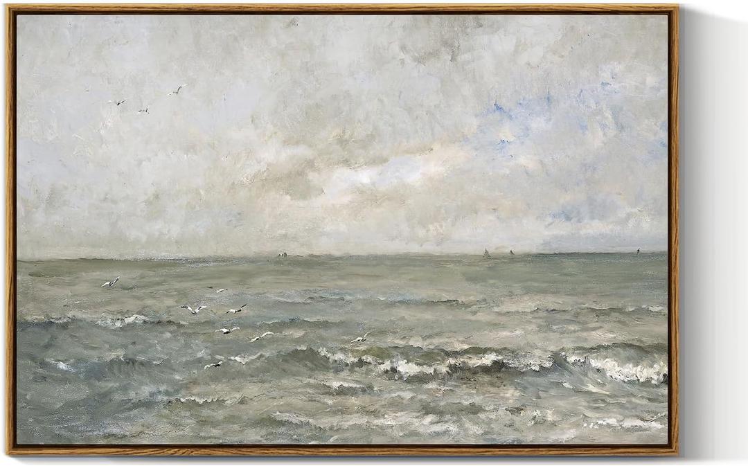 VIYYIEA Ocean Landscape Large Framed Wall Art, Seascape Vintage Paintings Art Decor Aesthetic, Canvas Print Artwork, Calming Sea Wall Pictures for Bedroom Bathroom Office, 20x30 Inch (Blue Seascape 1876)