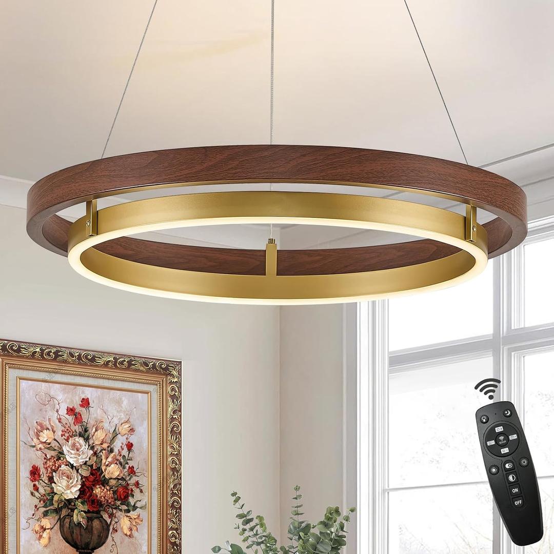 LED Ring Chandelier Dimmable Gold Walnut Wood Chandeliers, 30W Downlight