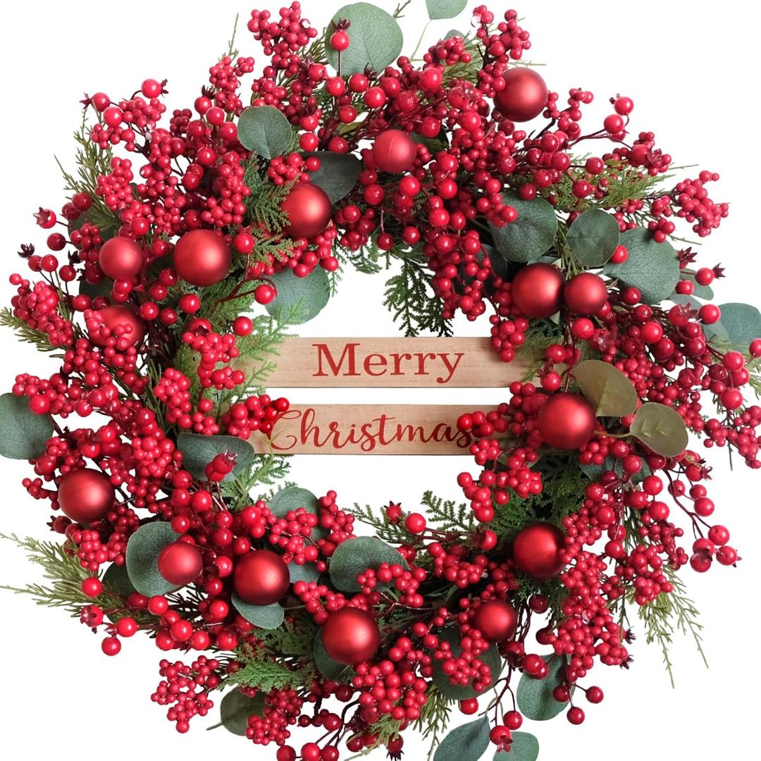 24 inch Christmas Wreaths with Berry and Eucalyptus Leaves, Red Christmas Front Door Wreath with Pine Branch,Ball Ornaments Artificial Wreath for Indoor and Outdoor Decor