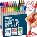 ARTISTRO 24 Dual Tip Acrylic Paint Markers, Acrylic Paint Pens, Fabric Markers for Textile, Rock, Glass, Wood, Paper, Ceramic, Canvas DIY Art Supplies Kit for Kids and Adults (Dual Tip Dot + Fine, 24)