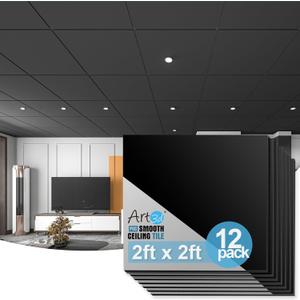 Art3d 12-Pack Smooth Drop Ceiling Tile 2ft x 2ft - Fire-Rated, Waterproof, Reusable - Premium PVC, No Sag and Breakage - Cover 48 Sq. Ft, Black