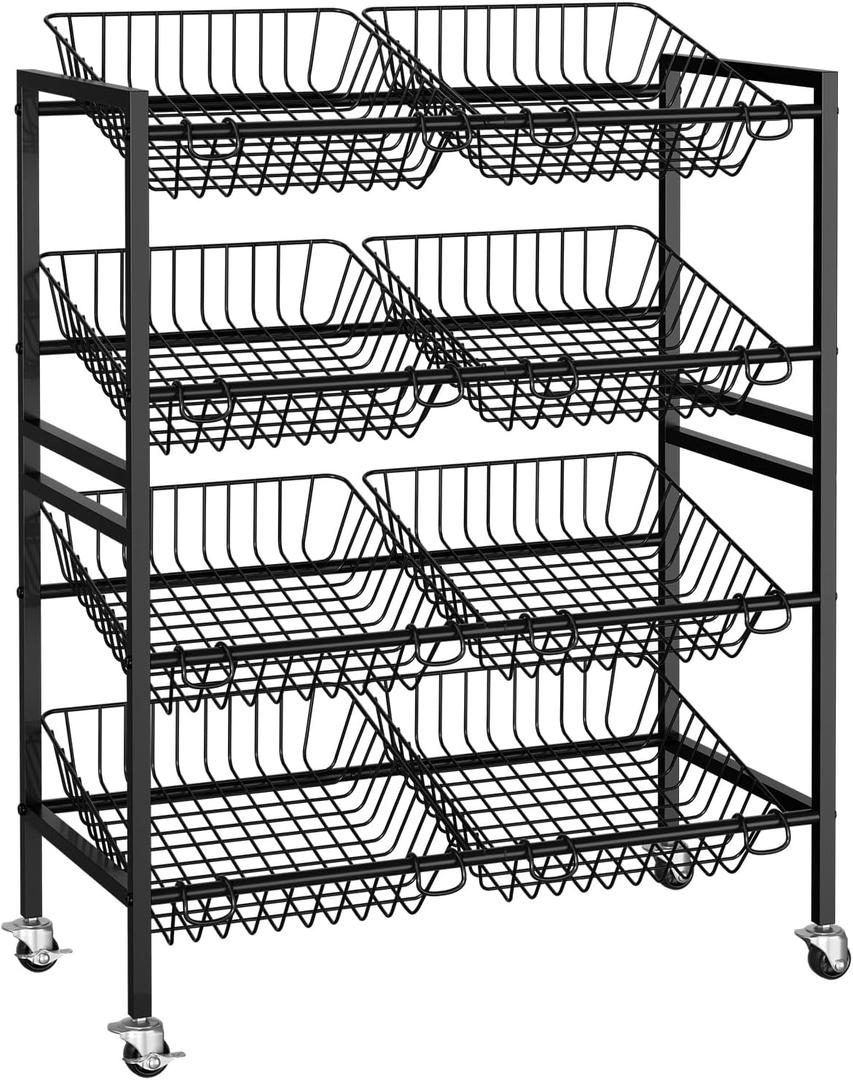 Evermagin 25.2''W Kitchen Storage Cart, Rolling Snack Cart, 4 Tier Fruit Basket Vegetable Stand, Metal Pantry Storage Organizer with 8 Removable Baskets for Onion Potato, Black