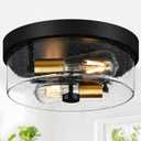 Flush Mount Ceiling Light Fixtures, 2-Light Black and Gold Ceiling Mount for Farmhouse with Seeded Glass Lampshade, Industrial Flush Mount Light Fixture for Hallway, Kitchen, Entryway and Foyer