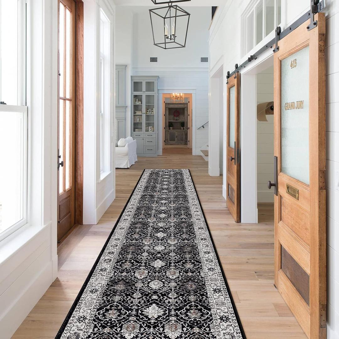 Hallway Washable Runner Rug - 2x10 Kitchen Rugs Entryway Rug Runner Vintage Soft Floor Mat Non Slip Indoor Farmhouse Carpet for Bathroom Living Room Bedroom(2 X 10, Black)