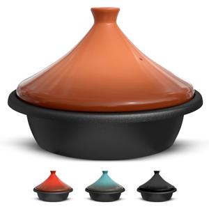 KooK Moroccan Tagine, Enameled Cast Iron Cooking Pot, Tajine with Ceramic Cone-Shaped Closed Lid, 3.3 QT, (Terracotta)