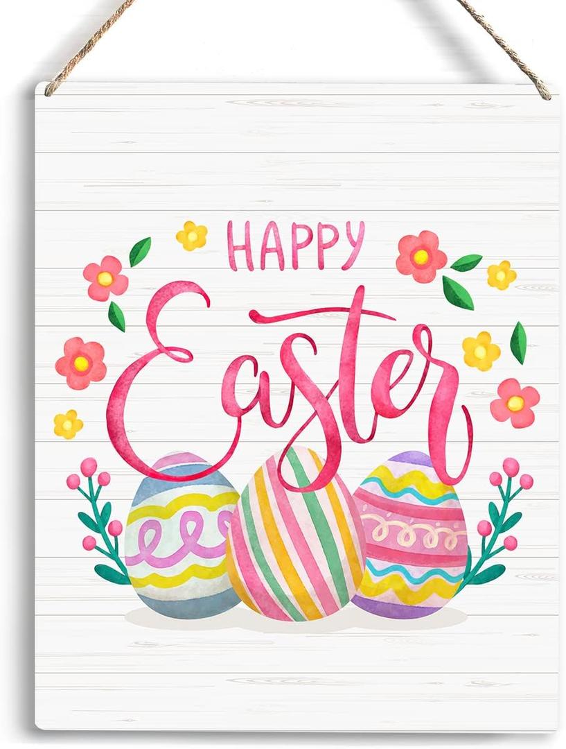 Funny Happy Easter Wood Sign Rustic Easter Egg Flowers Wooden Hanging Plaque for Home Living Room Bedroom Wall Art Decoration 8 x 10 Inches Present