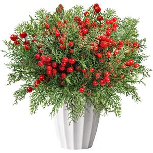 4-Piece Faux Pine Branches with Vibrant Red Berries, Christmas Decor for Holiday Arrangements, Artificial Stems DIY Crafts, Ideal for Mantel Display, Table Centerpiece and Festive Home Decoration