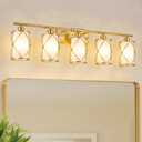 5-Light Brushed Gold Bathroom Light Fixtures Over Mirror, 38" UL-Listed Modern Wall Sconce Lights with Milk White Frosted Glass and Metal Cage for Bath, Hardwire E26, CH9176BGW-5W, 5-Light, 38.5" L
