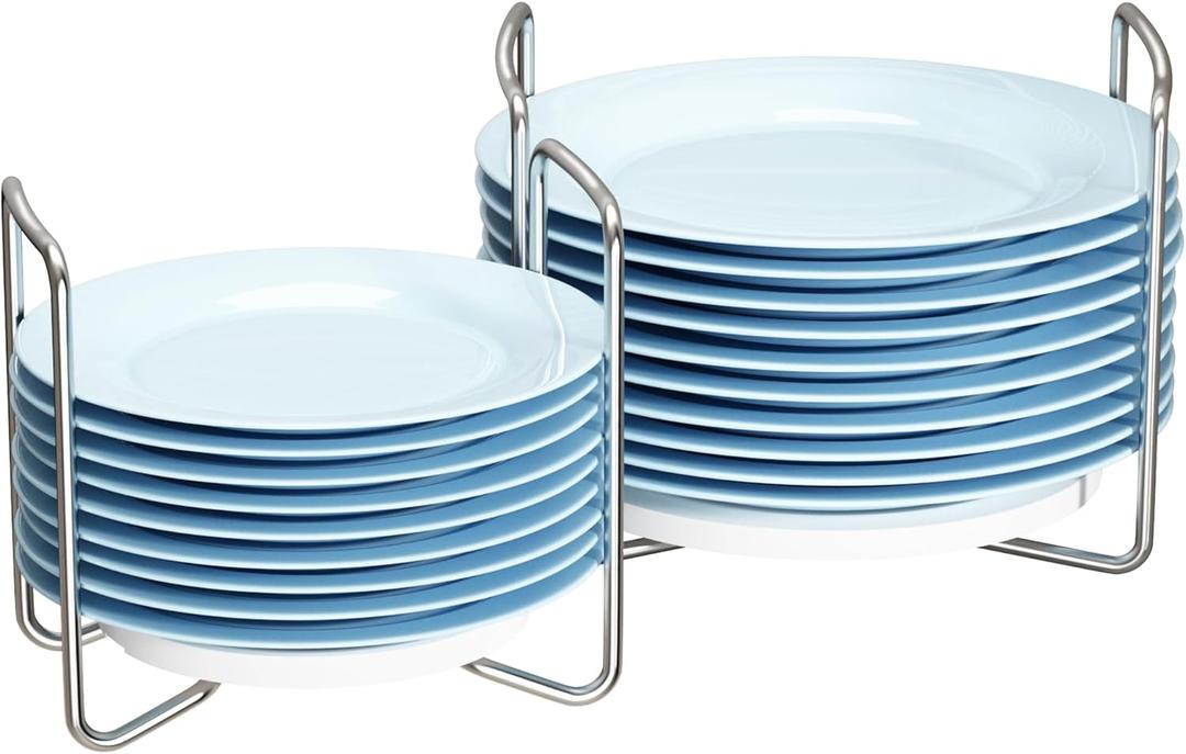 Plate Holder for Kitchen Drawer - Bamboo Dish Racks for Kitchen Counter, Stainless Steel Plate and Bowl Organizer for Cabinet, RV, Countertop (White-2S)