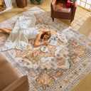 Vintage Low Pile Faux Wool Rug - 5x7 Washable Non Slip Boho Yellow Oriental Area Rug for Living Room, Bedroom, Farmhouse, Dining Room, Kitchen, Office